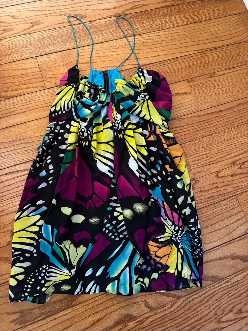 Catherine Malandrino Black Tank Top with Yellow, Teal & Purple Butterfly Print
